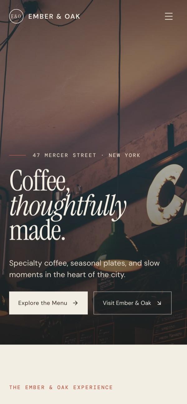 Ember & Oak on a phone — screen 1