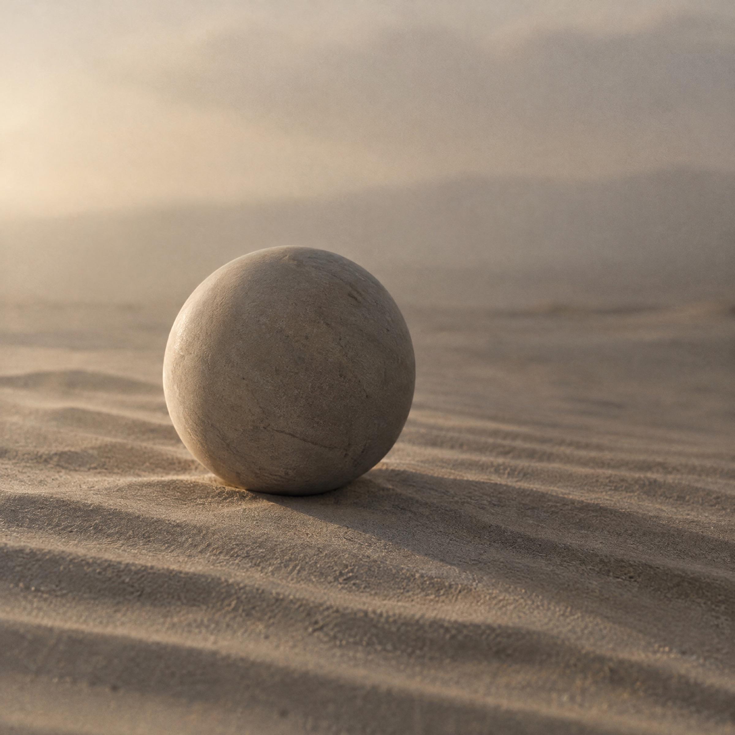 A pale stone sphere resting on rippled sand