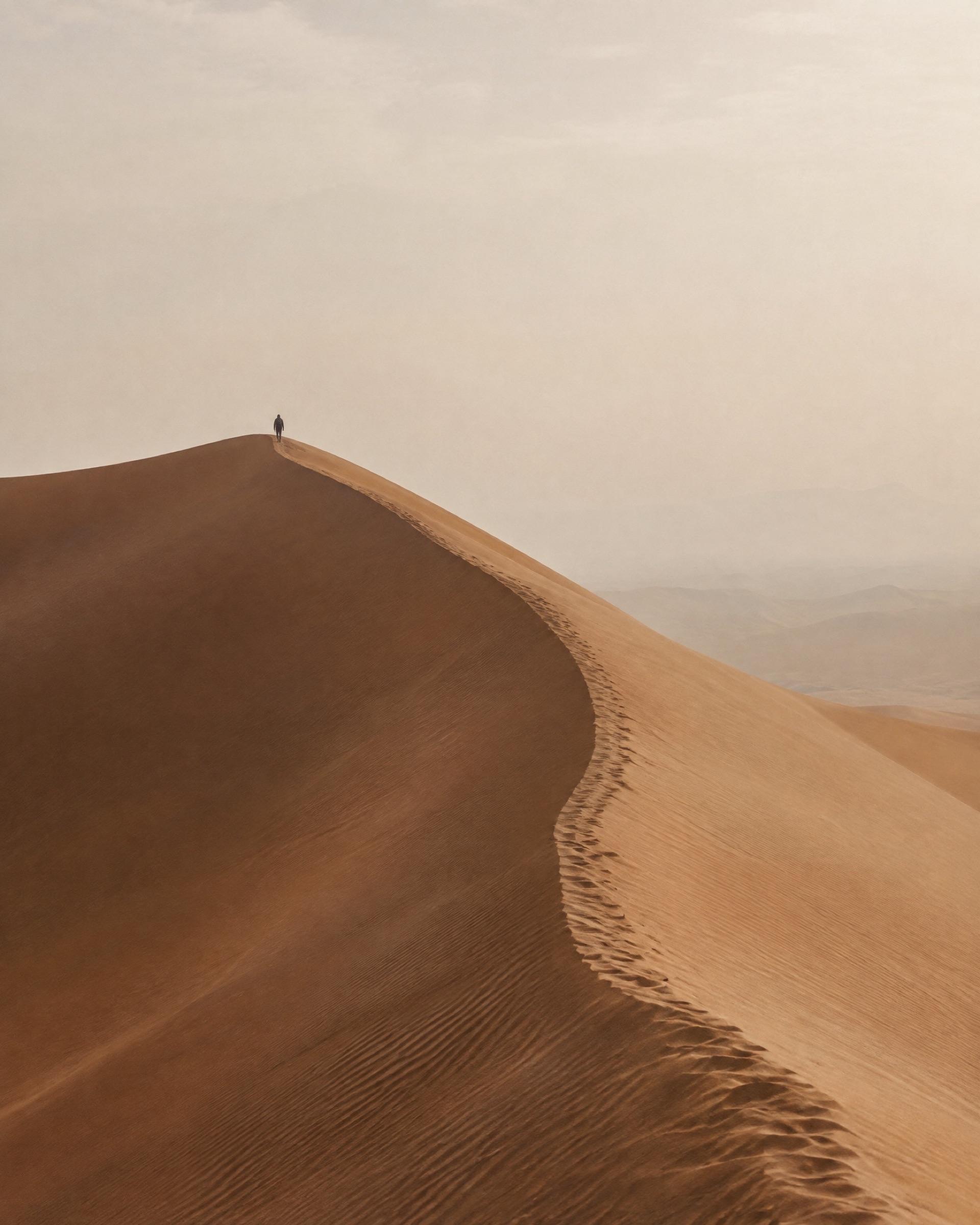 A lone figure on the ridge of a tall sand dune