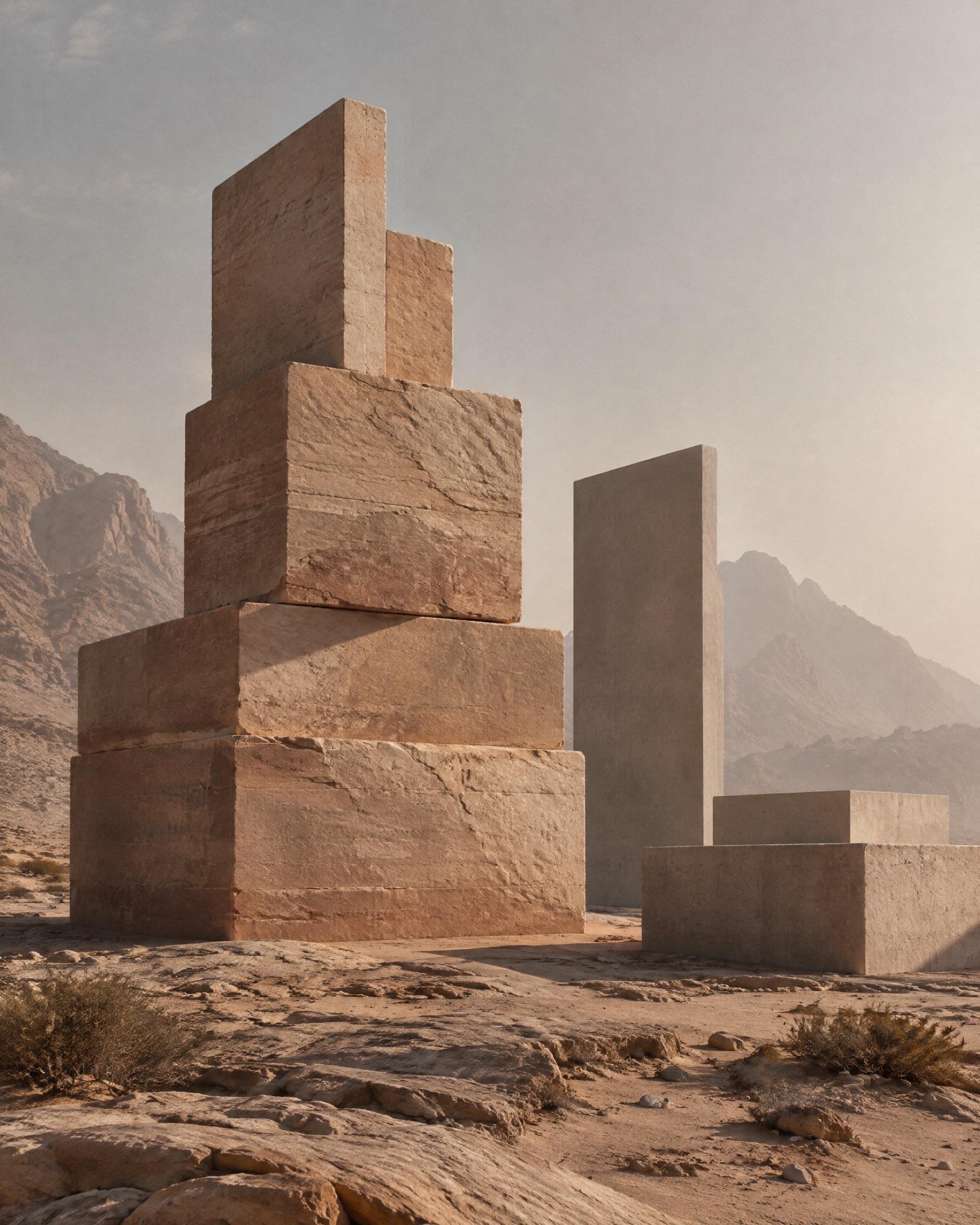 Stacked architectural volumes arranged like a model