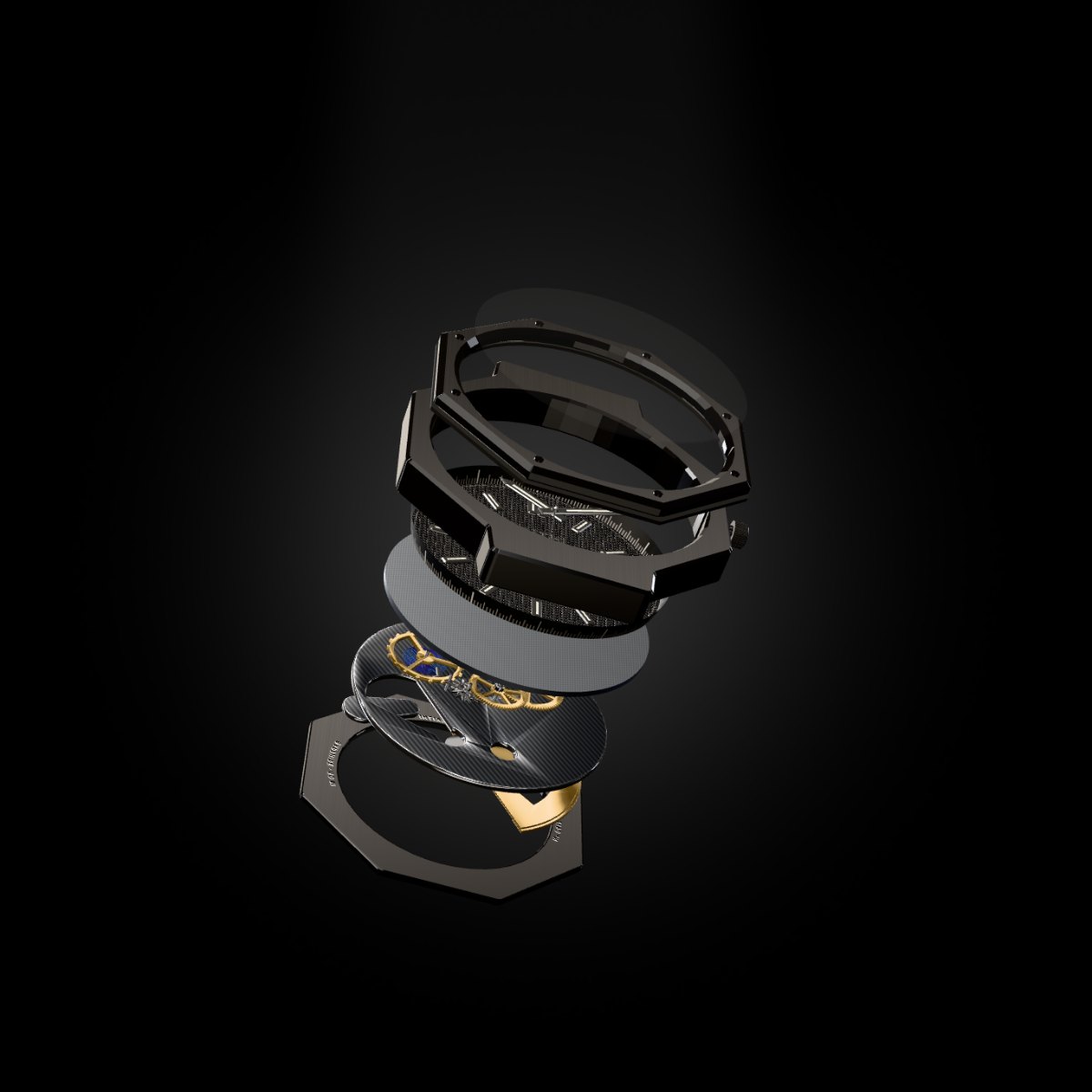 The K-01 separated into its ten principal layers, from the sapphire crystal down to the case back.
