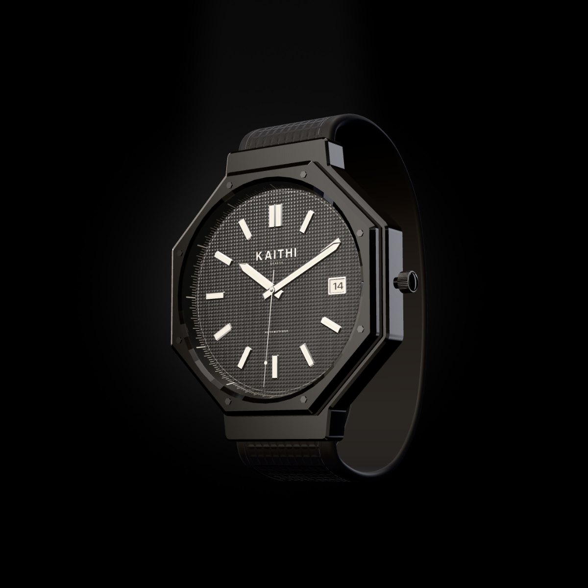 The Calibre K-01 in black ceramic, black Clous de Paris dial and black rubber strap, under a single spotlight.