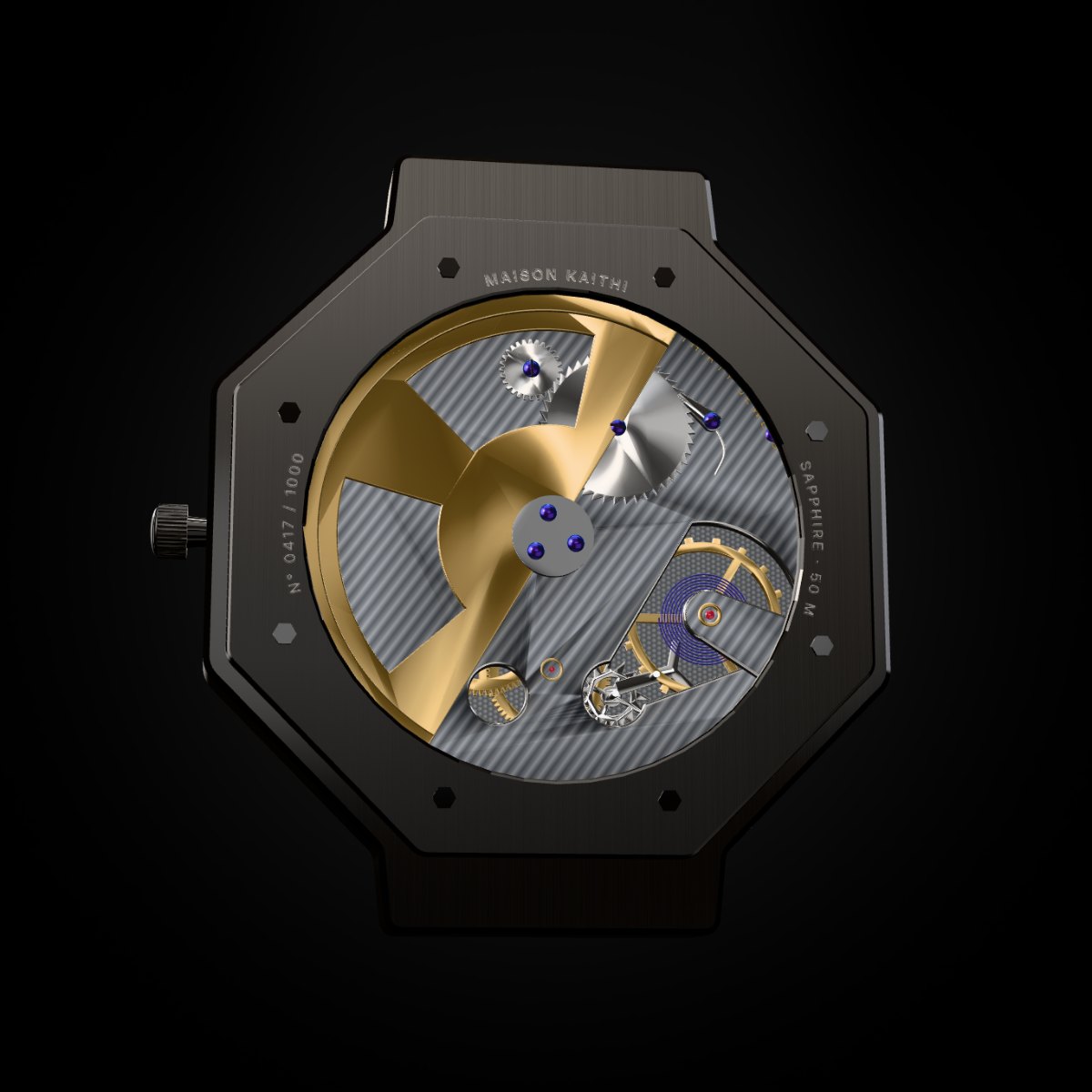 The movement seen through the sapphire case back: openworked gold rotor, Côtes de Genève plate, blued screws and the balance wheel.